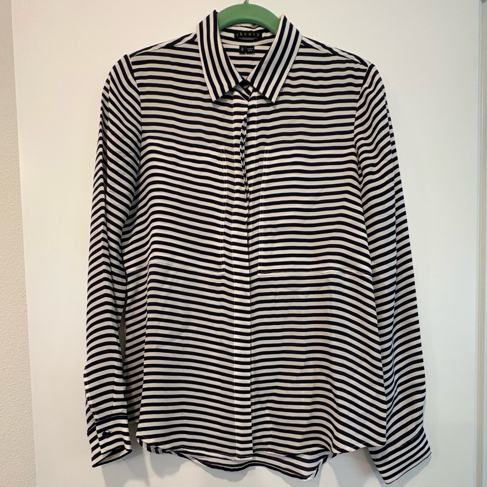 Theory Midnight blue and White Striped Button-Up Shirt